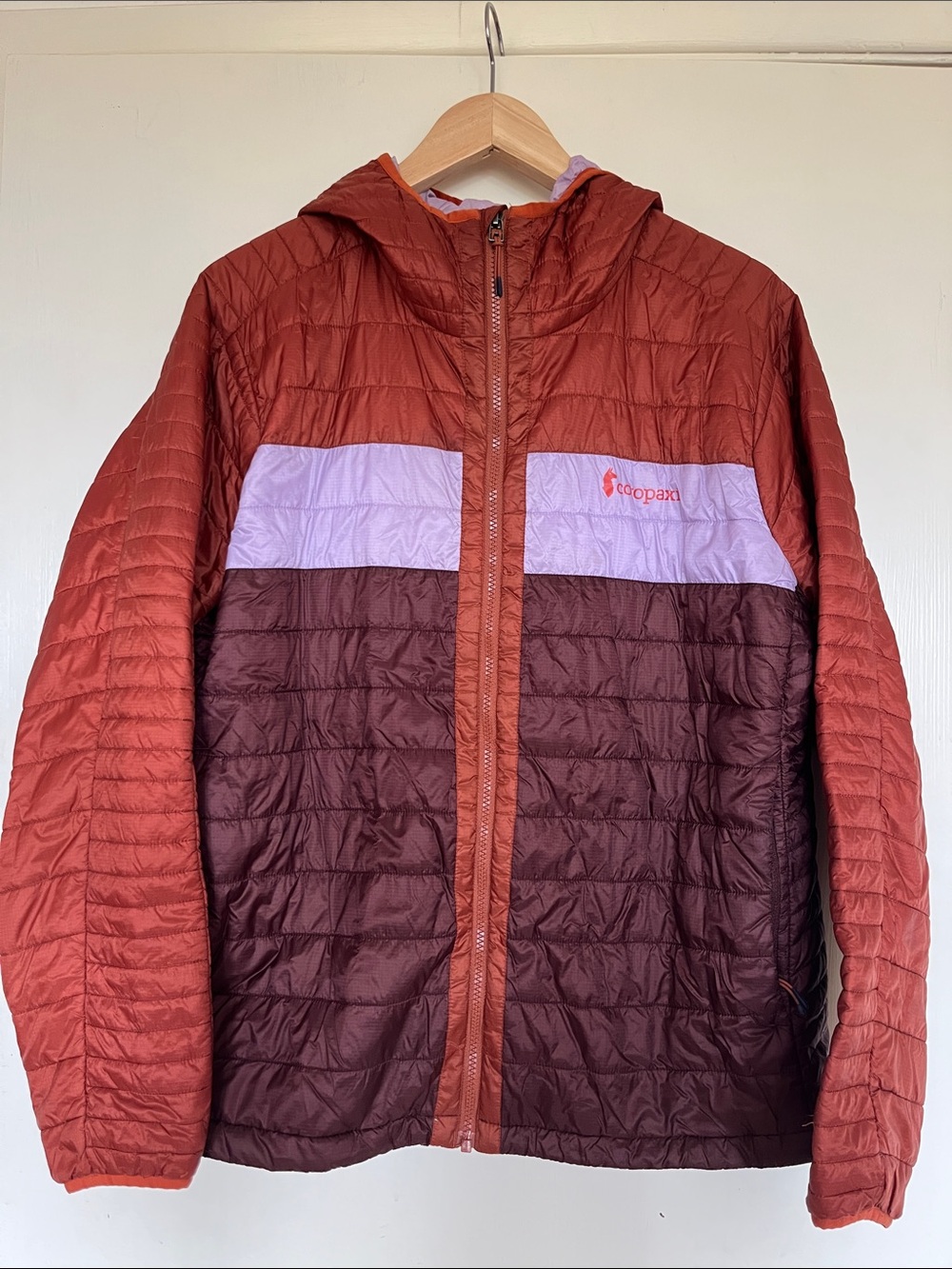 Cotopaxi Rust, Plum & Lavender Colorblock Lightweight Hooded Puffer Jacket